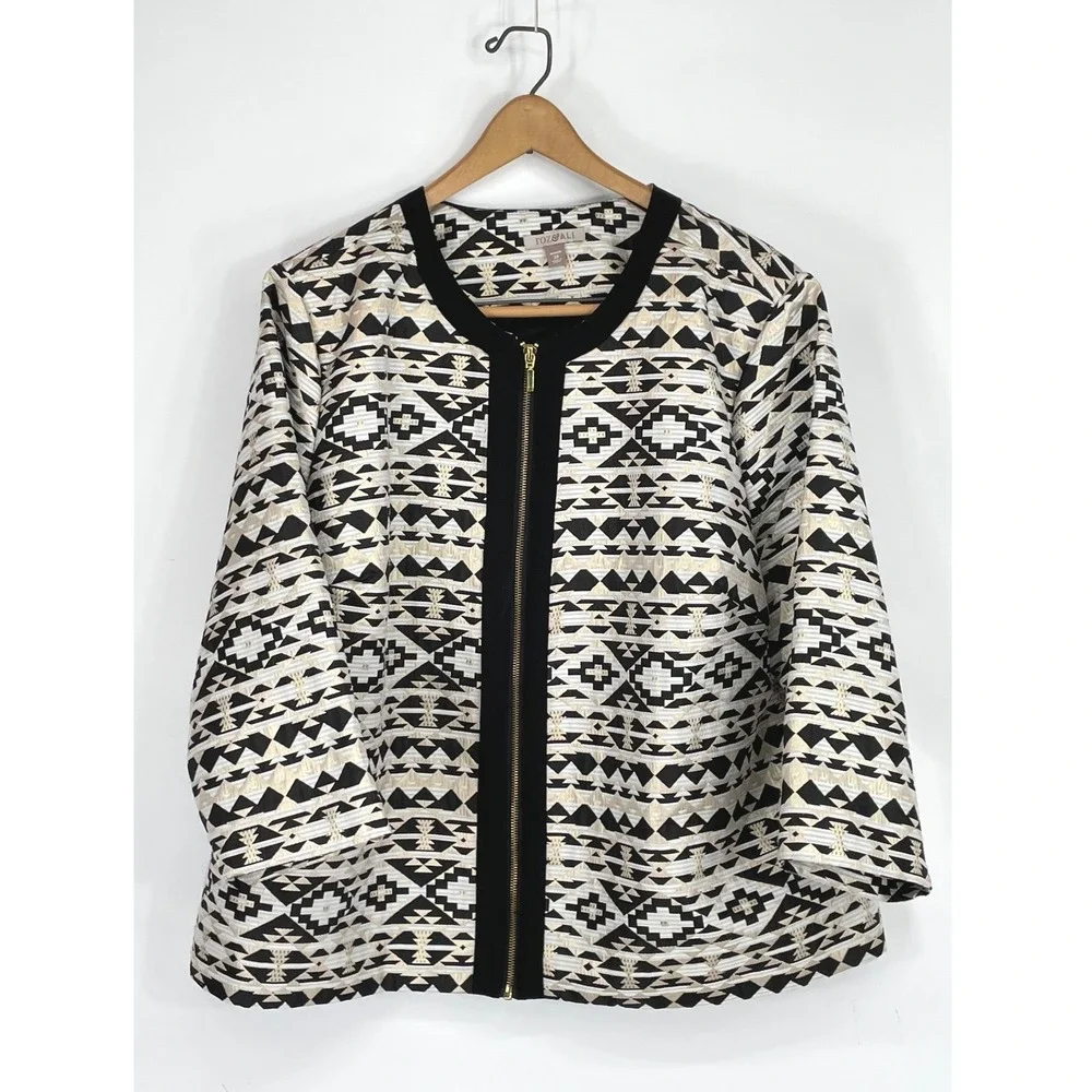 Roz & Ali Woman Jacket 3X Zip Front Black Gold Geometric Jacquard